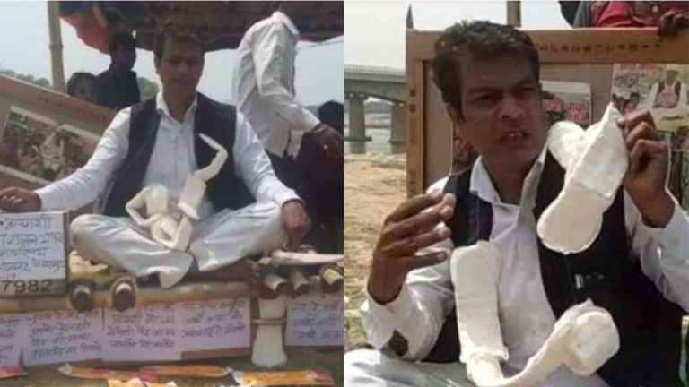 अजब-गजब उम्मीदवार: ‘अर्थी बाबा’ ने गले में डाली सैनेटरी पैड की माला, श्मशान पर बनाएँगे कार्यालय