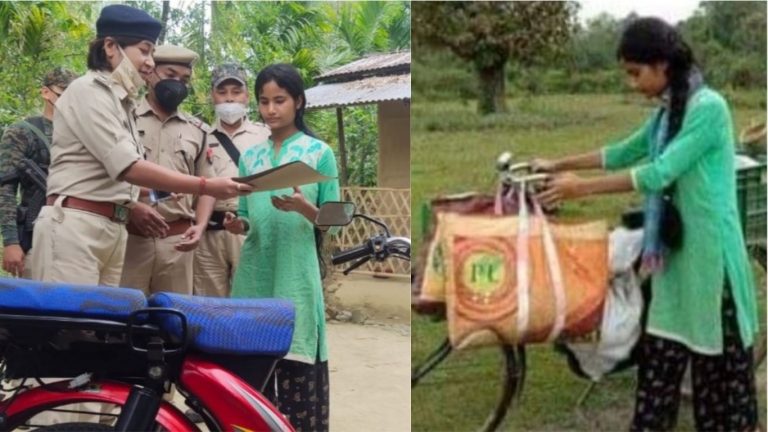 लॉकडाउन में साइकिल पर सब्जी बेचकर घर चलाने वाली लड़की को डिब्रूगढ़ पुलिस ने भेंट की बाइक
