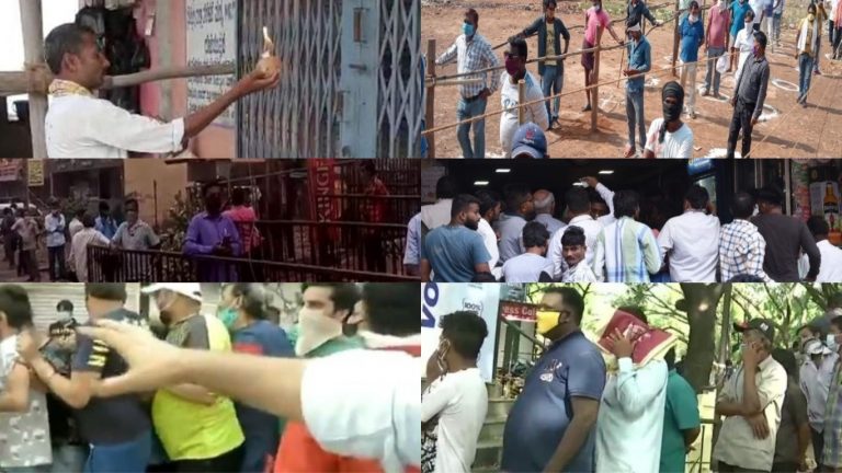 ठेके पर शराब-भक्तों की उमड़ी भीड़, लॉकडाउन के बाद 1-1 km तक इंतजार में खड़े दिखे लोग