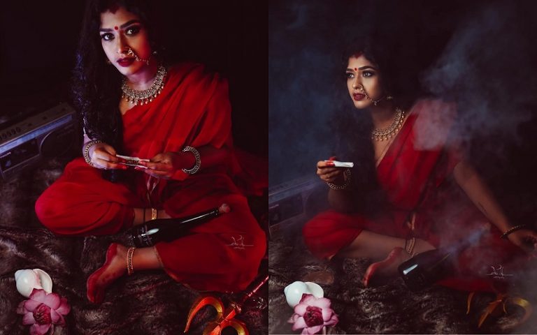 नवरात्र में ‘हिंदू देवी’ की गोद में शराब और हाथ में गाँजा, फोटोग्राफर डिया जॉन ने कहा – ‘महिला आजादी दिखाना था मकसद’