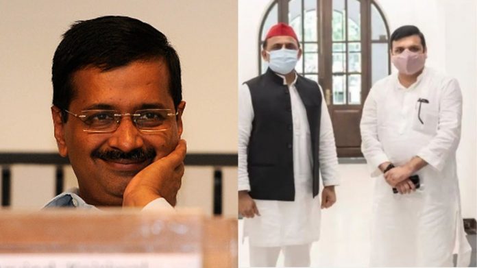 अरविंद केजरीवाल, संजय सिंह और अखिलेश यादव