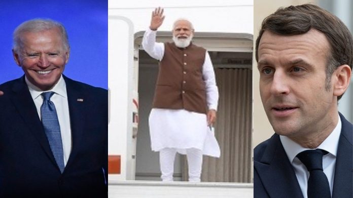 अमेरिकी राष्ट्रपति जो बायडेन, भारतीय प्रधानमंत्री नरेंद्र मोगी और फ्रांस राष्ट्रपति इमैनुएल मैक्रों