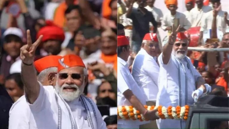 चार राज्यों में महाविजय के बाद PM मोदी का मिशन गुजरात: अहमदाबाद एयरपोर्ट से 9 किमी लंबा रोड शो, 4 लाख लोगों का उमड़ा हुजूम, सरपंचों की रैली को करेंगे संबोधित