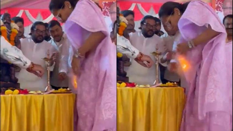 मंच पर दीया जलाने पहुँची शरद पवार की सांसद बेटी, साड़ी में लग गई आग: हाथ से बुझाया, बोलीं- मैं पूरी तरह अब सुरक्षित
