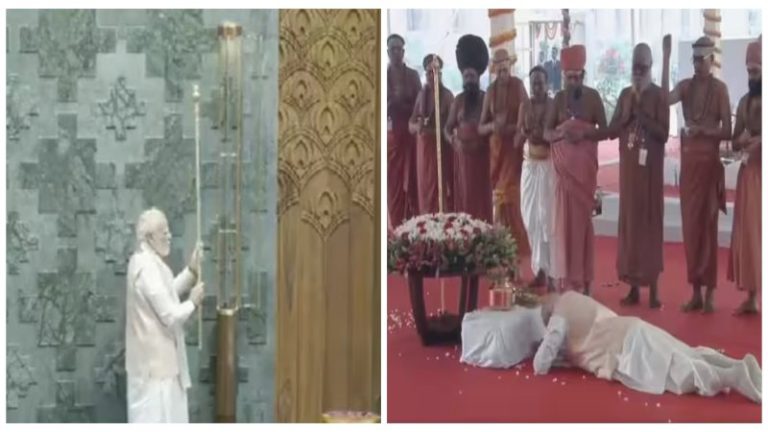 PM मोदी ने ‘सेंगोल’ को किया ‘साष्टांग दंडवत प्रणाम’, नए संसद भवन में हाथ जोड़कर पहुँचे: उद्घाटन के बाद सर्वधर्म प्रार्थना का आयोजन, मजदूरों को भी सम्मान