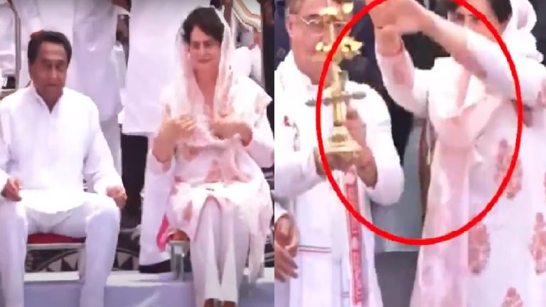 पूजा के दौरान आसनों पर बैठ गए कमलनाथ-प्रियंका, लोगों ने समझाया तब जाकर जमीन पर बैठे: भगवान से पहले खुद ही लेने लगी थीं आरती