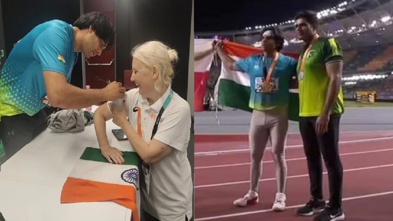 भारत के ‘गोल्डन बॉय’ नीरज चोपड़ा ने राष्ट्रध्वज का किया सम्मान, तिरंगे की जगह टीशर्ट पर दिया ऑटोग्राफ: दूर खड़े पाकिस्तानी खिलाड़ी को भी अपने झंडे तले बुला लिया