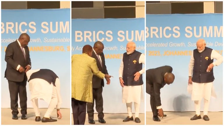 BRICS का मंच, फर्श पर रखे तिरंगे को उठा कर PM मोदी ने जेब में रखा: दक्षिण अफ़्रीकी राष्ट्रपति ने भी देखा-देखी उठाया अपना झंडा, देखें वीडियो
