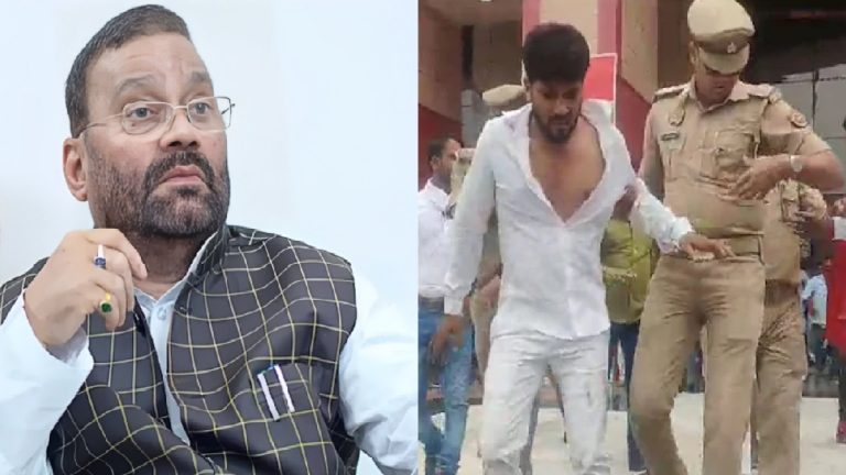 आकाश सैनी ने निकाला जूता और स्वामी प्रसाद मौर्य पर फेंका, कहा- हिंदू विरोधी बयानों से आहत था: सपा समर्थकों ने घेरकर पीटा, महंत राजू दास देंगे इनाम