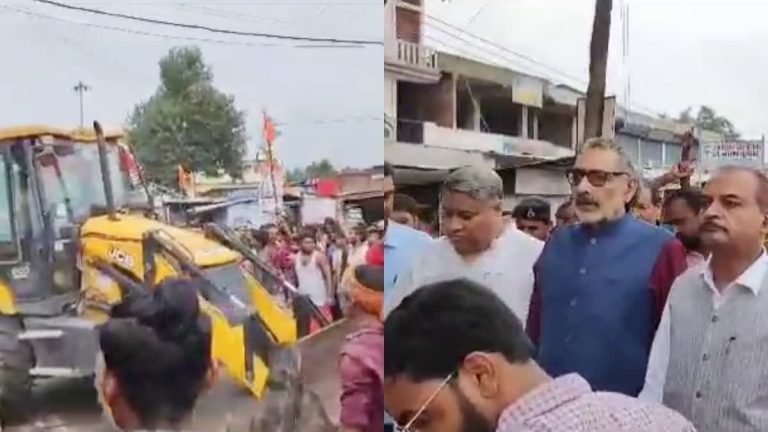 दारू पार्टी, मंदिर में तोड़फोड़, शिवलिंग खंडित किया… अब ‘जय श्री राम’ के नारों के बीच आरोपित की मीट की दुकान पर चला बुलडोजर, पुलिस और केंद्रीय मंत्री भी थे मौजूद