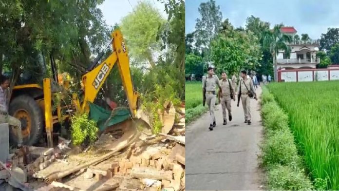 उज्जैन रेपकांड के आरोपित के घर पर चला बुलडोजर (बाएं), देवरिया हत्याकांड के आरोपित का घर