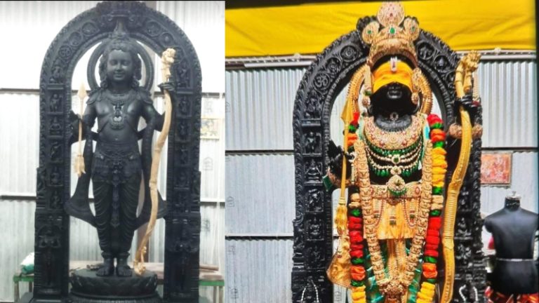 शंख, चक्र, गदा, सूर्य, स्वस्तिक और ॐ से लेकर दशावतार तक: कमल पर विराजमान हैं धर्नुधारी भगवान राम, चरणों में विराजमान हैं गरुड़ और हनुमान