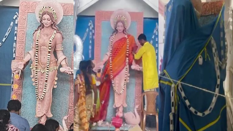 सरस्वती माता की ‘क्लीवेज’ वाली मूर्ति, साड़ी भी नहीं: त्रिपुरा में बवाल, ABVP और बजरंग दल के प्रदर्शन के बाद ढकी गई मूर्ति