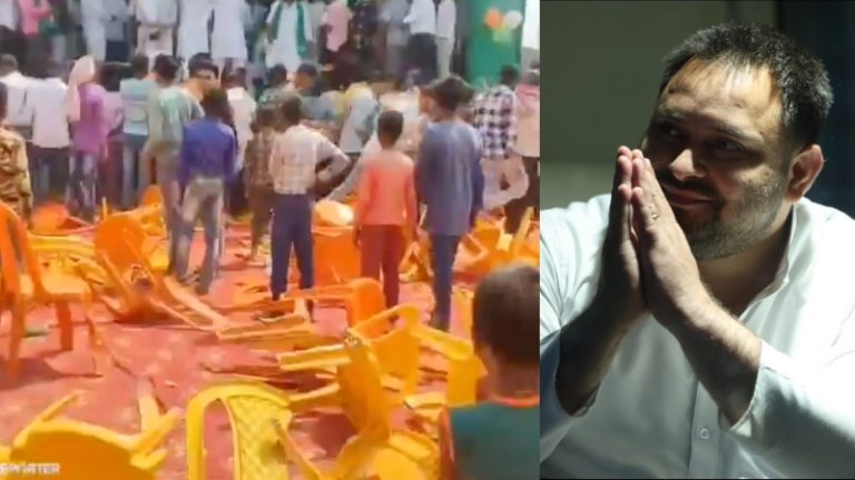 तेजस्वी यादव की रैली में भगदड़, कोई 5 तो कोई 10 टीशर्ट लेकर चलता बना: मंच पर चढ़ गई भीड़, वीडियो में दिखी जमीन पर पड़ी टूटी-फूटी कुर्सियाँ
