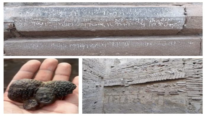 तमिलनाडु में मिला चोल राजा का शिलालेख (ऊपर) और डीग में मिली मातृदेवी एवं अन्य अवशेष