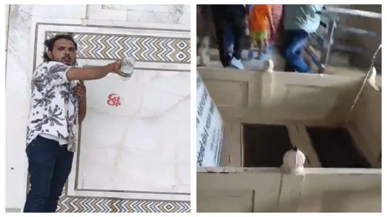 ताजमहल के अंदर 2 युवकों ने चढ़ाया गंगाजल, दीवार पर लगाया ऊँ का स्टीकर: पुलिस ने हिरासत में लिया, कुछ दिन पहले एक महिला भी लेकर आई थीं काँवड़