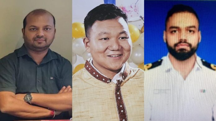 IB अधिकारी मनीष रंजन (बाएँ से), वायुसेना कॉर्पोरल तागे हेलियांग और नेवी अधिकारी विनय नरवाल