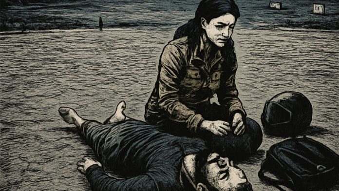 पहलगाम आतंकी हमले में मारे गए विनेश नरवाल के साथ पत्नी की प्रतीकात्मक तस्वीर