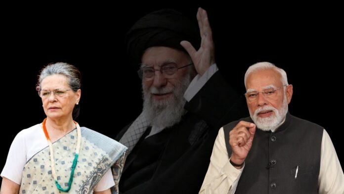 सोनिया गाँधी, अयातुल्ला खामेनेई और PM नरेंद्र मोदी (बाएँ से दाएँ)