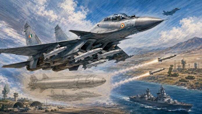 40 सुखोई Su-30MKI लड़ाकू विमान अब एयर-लॉन्च ब्रह्मोस सुपरसोनिक क्रूज मिसाइलों से लैस (फोटो साभार: AI)